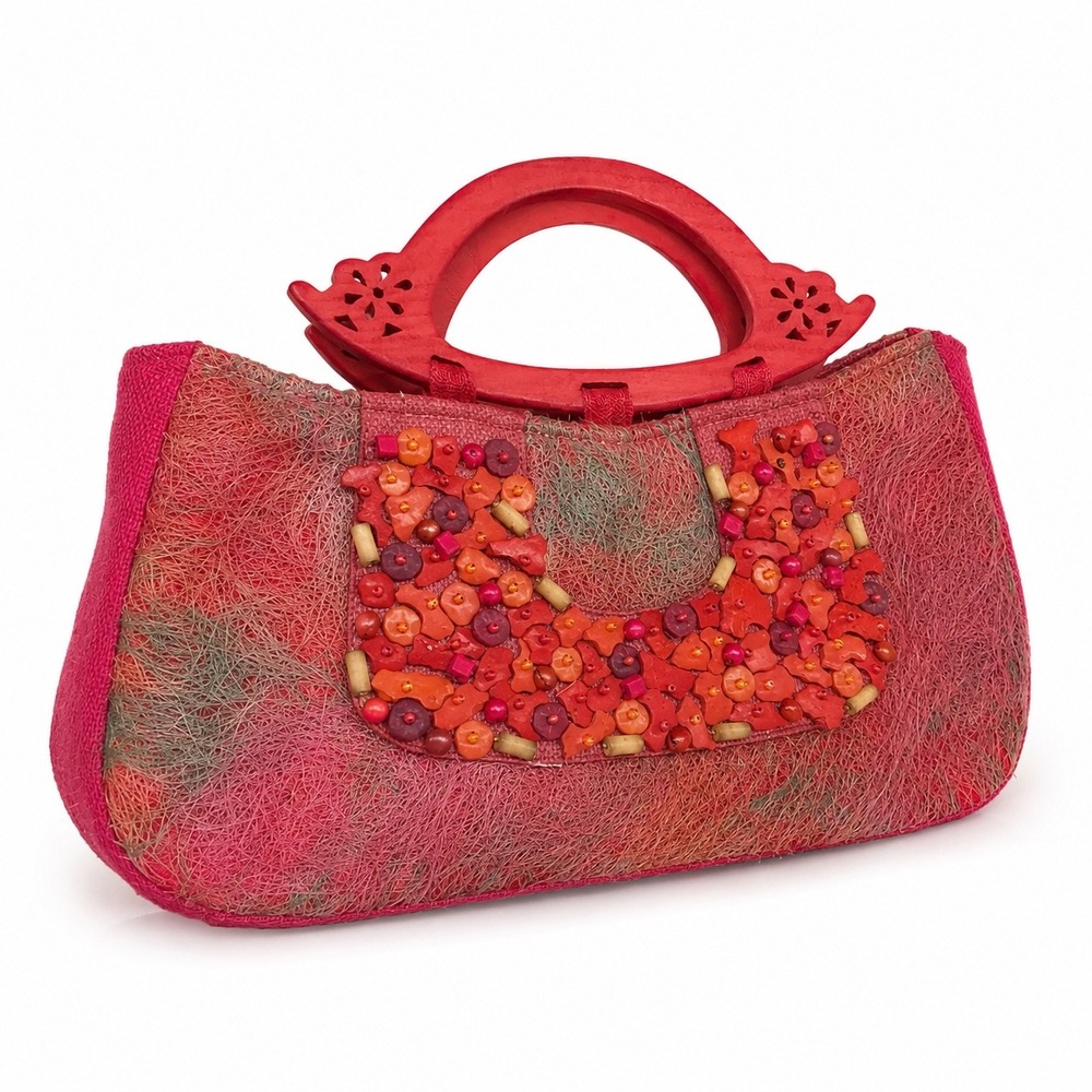 Vtg Y2K Women Red Pink Beaded Straw‎ Raffia Wood Handle Tote Handbag Dopamine